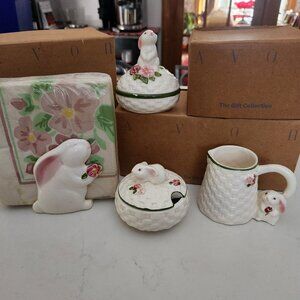 Avon Ceramic Bunnies Easter Lot 80's 90's Napkin Holder Sugar Creamer Candy Dish
